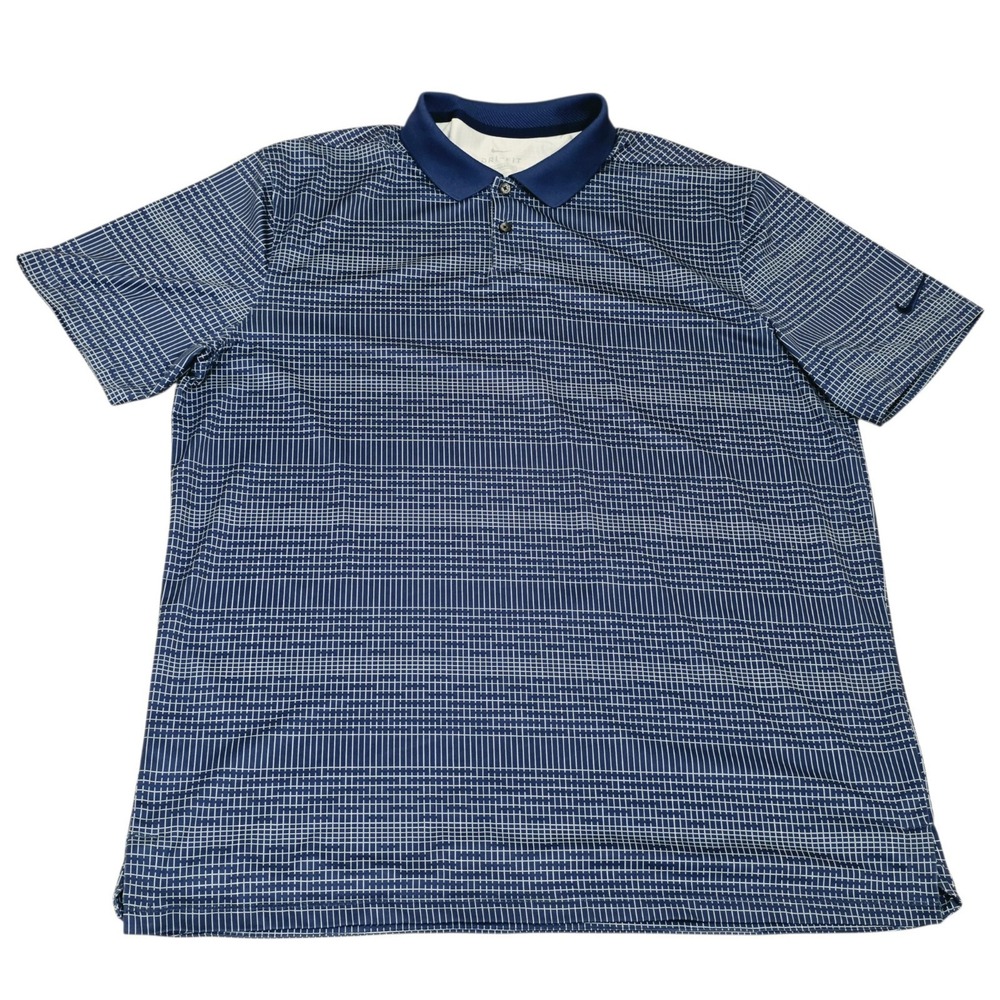 Nike Golf Dri-FIT Polo Shirt Mens Large Navy Blue White Plaid Standard Fit